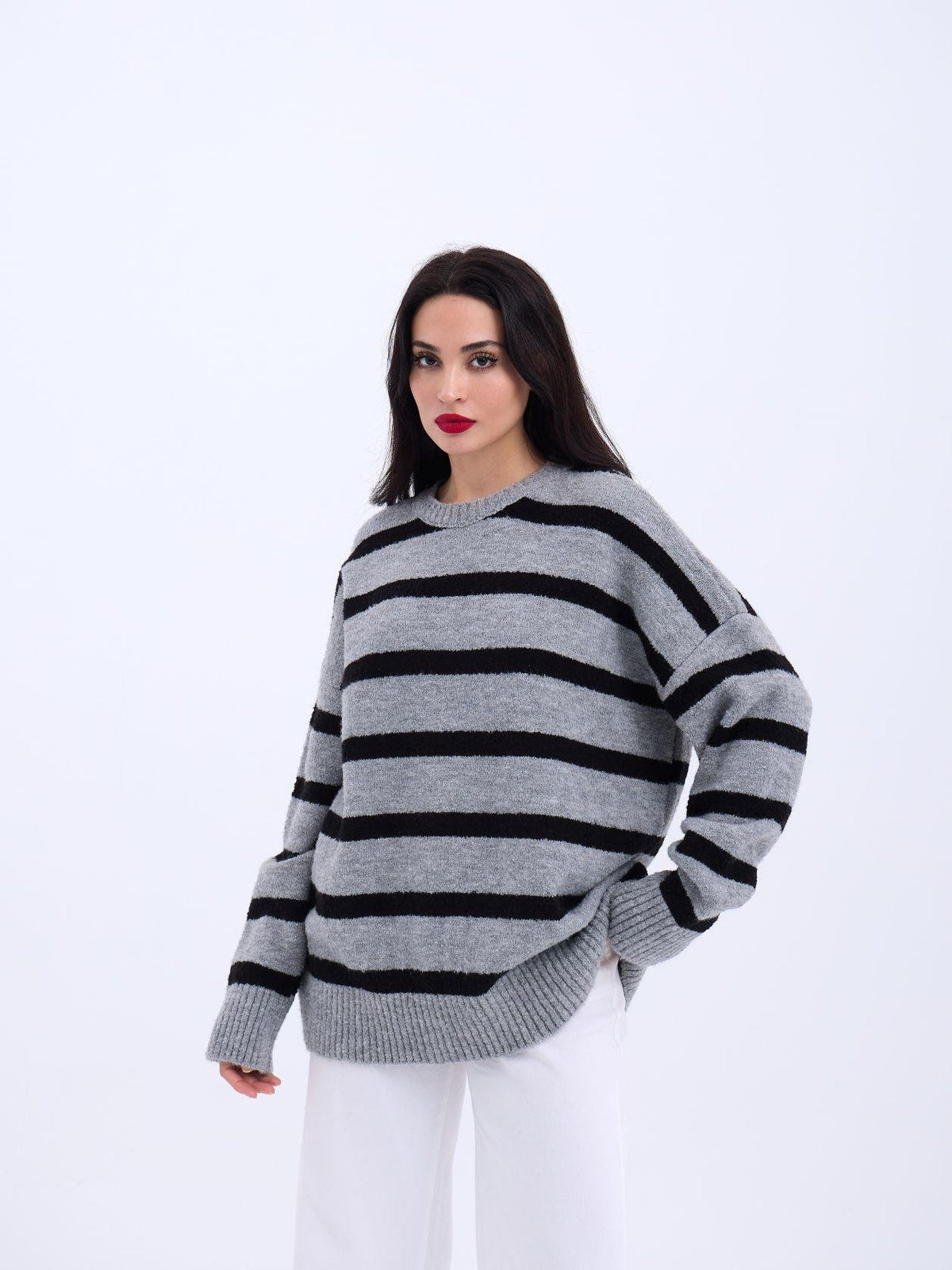 43111 STRICKWAREN GESTREIFTES LOCKERES PULLOVER-GRAU-SCHWARZ
