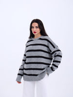 43111 STRICKWAREN GESTREIFTES LOCKERES PULLOVER-GRAU-SCHWARZ