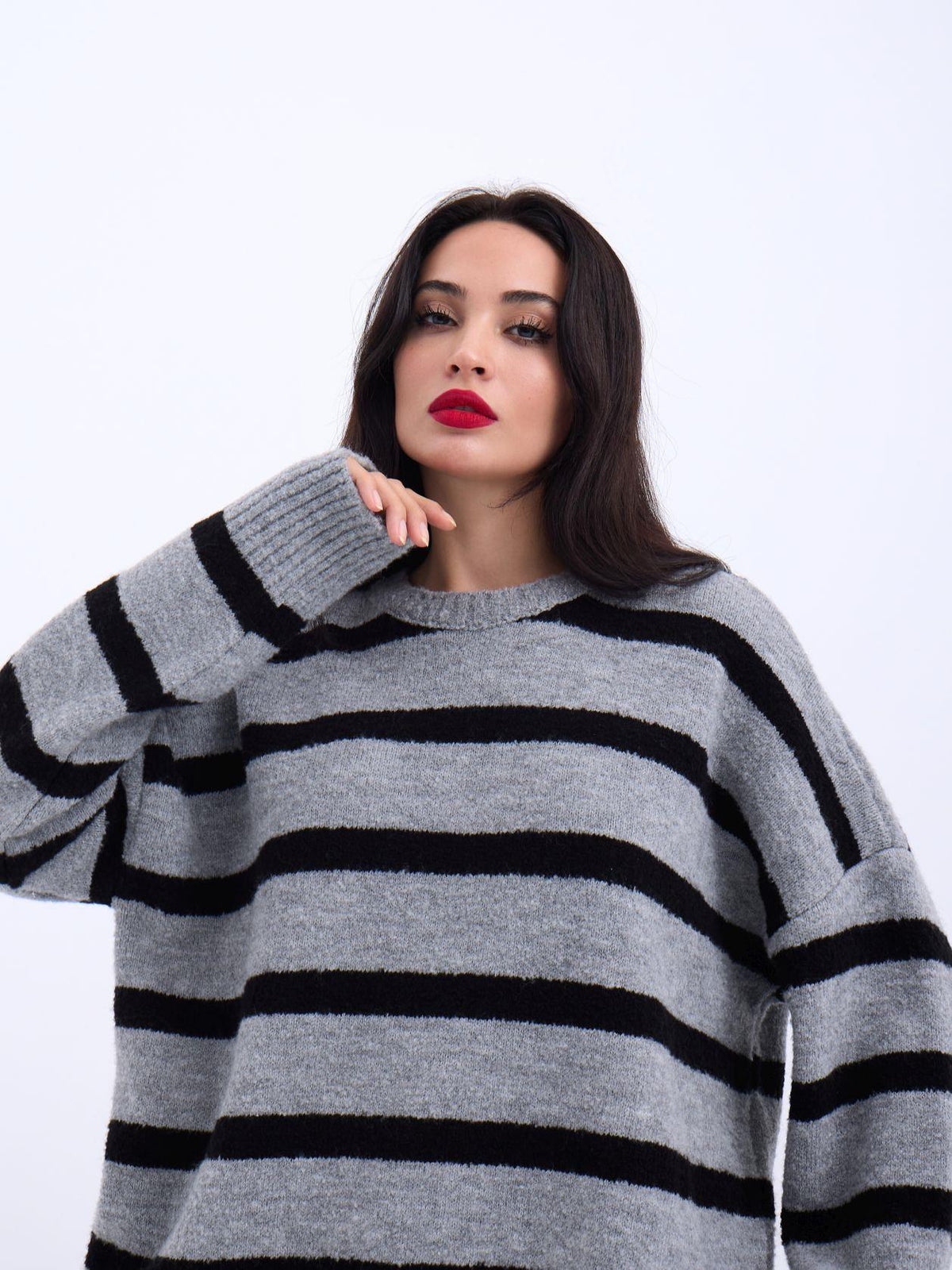 43111 STRICKWAREN GESTREIFTES LOCKERES PULLOVER-GRAU-SCHWARZ