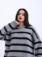 43111 STRICKWAREN GESTREIFTES LOCKERES PULLOVER-GRAU-SCHWARZ