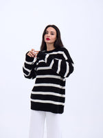 43111 STRICKWAREN GESTREIFTES LOCKERES PULLOVER-SCHWARZ-ECRU