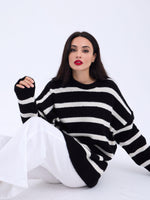 43111 STRICKWAREN GESTREIFTES LOCKERES PULLOVER-SCHWARZ-ECRU