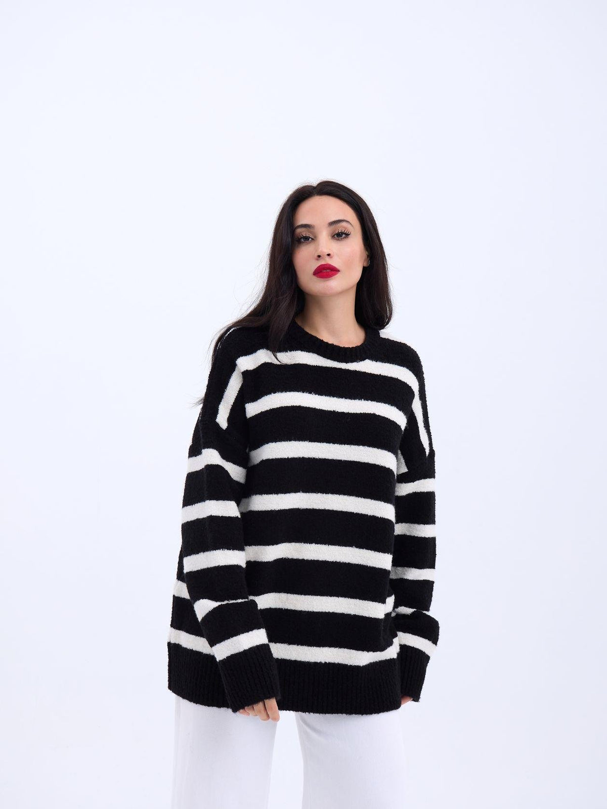 43111 STRICKWAREN GESTREIFTES LOCKERES PULLOVER-SCHWARZ-ECRU