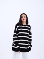 43111 STRICKWAREN GESTREIFTES LOCKERES PULLOVER-SCHWARZ-ECRU