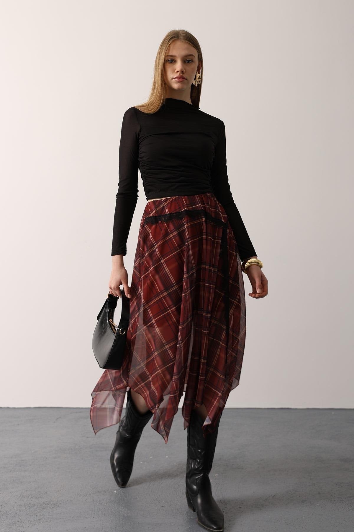 EKOSE DESEN DANTELLİ ASİMETRİK ETEK - Bordo