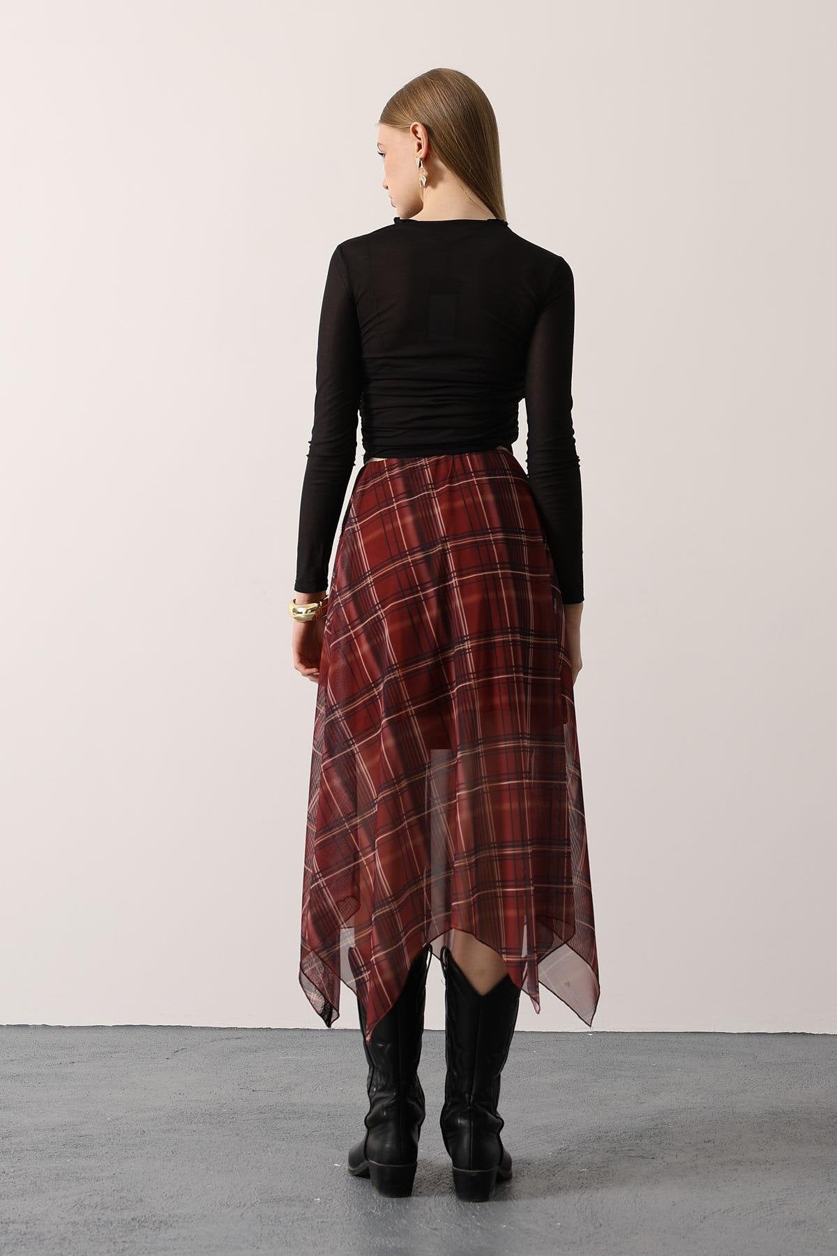 EKOSE DESEN DANTELLİ ASİMETRİK ETEK - Bordo