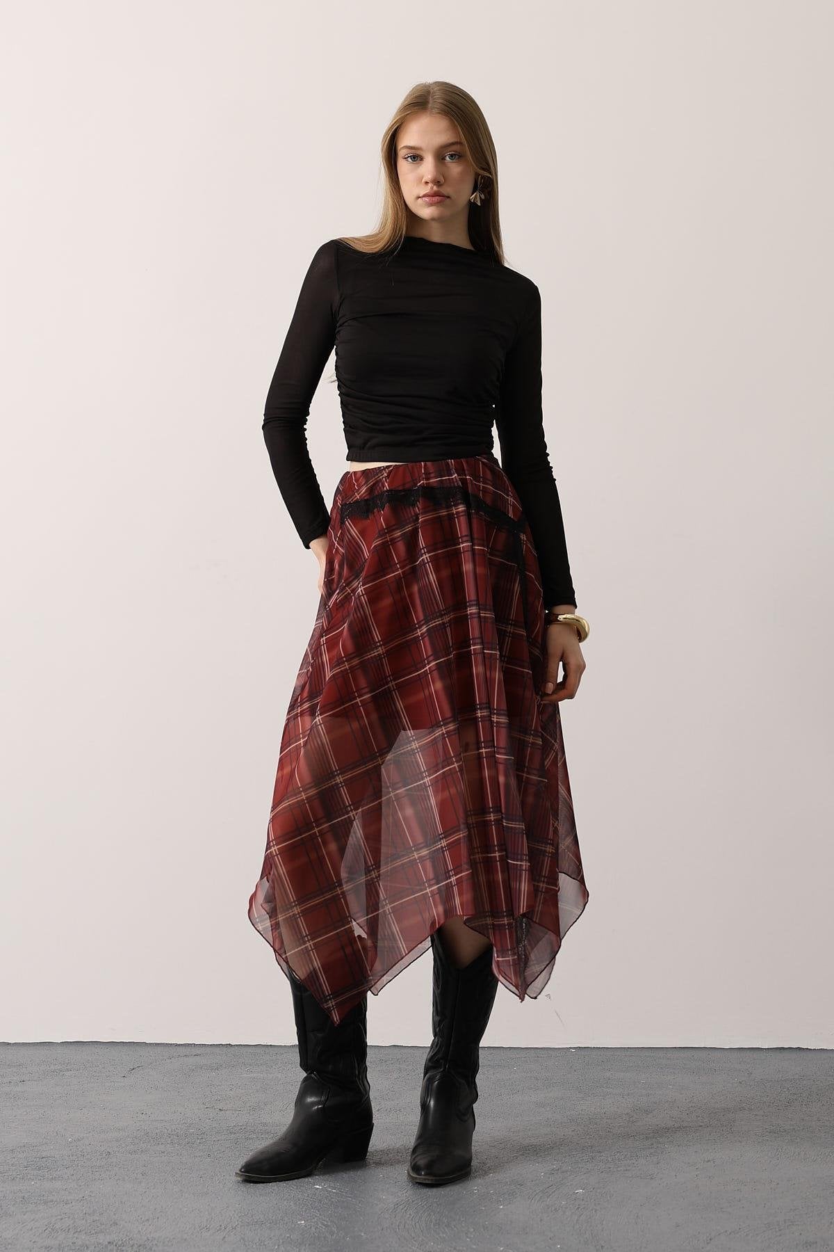 EKOSE DESEN DANTELLİ ASİMETRİK ETEK - Bordo