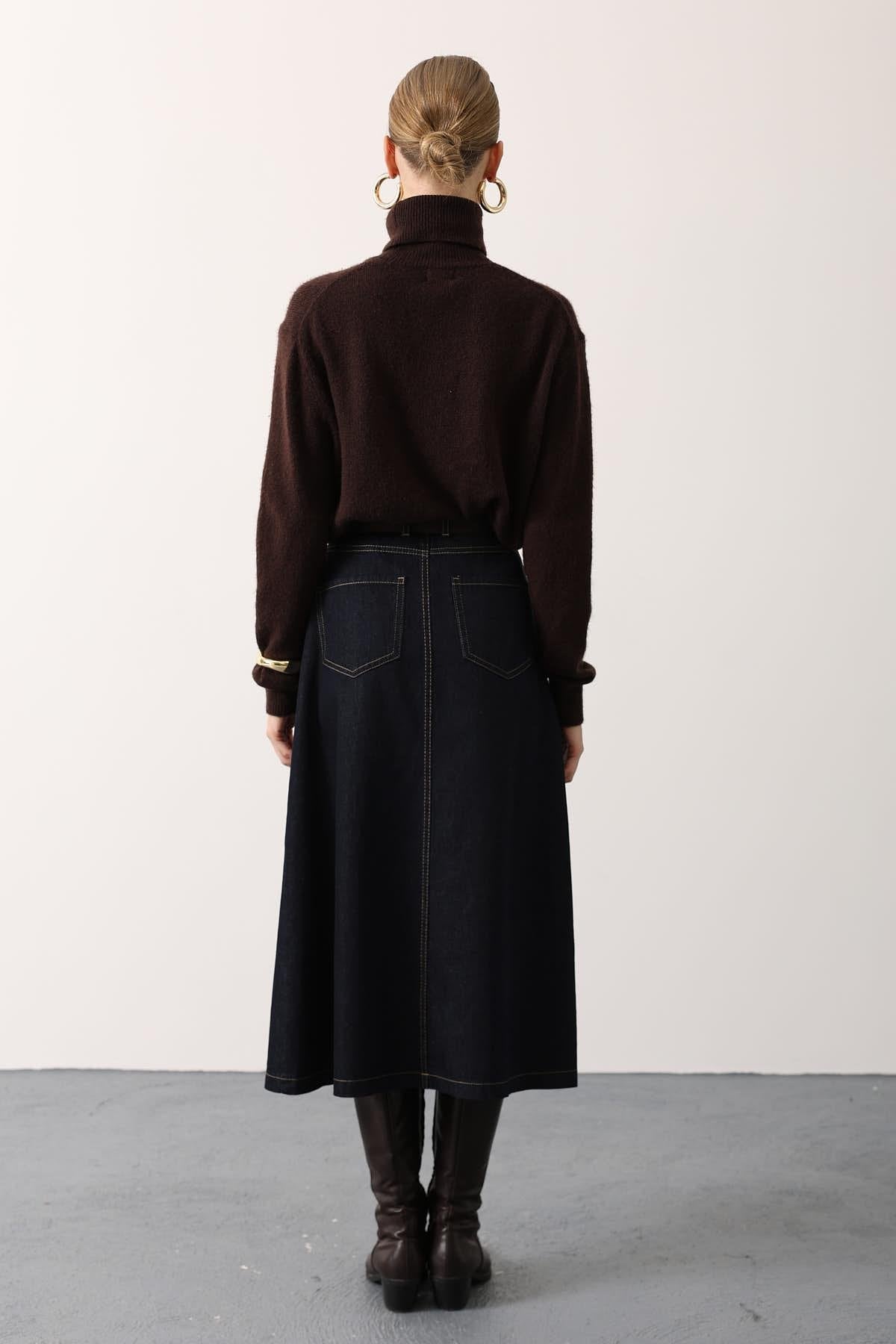 GOLD KEMERLİ DENİM UZUN ETEK - Lacivert