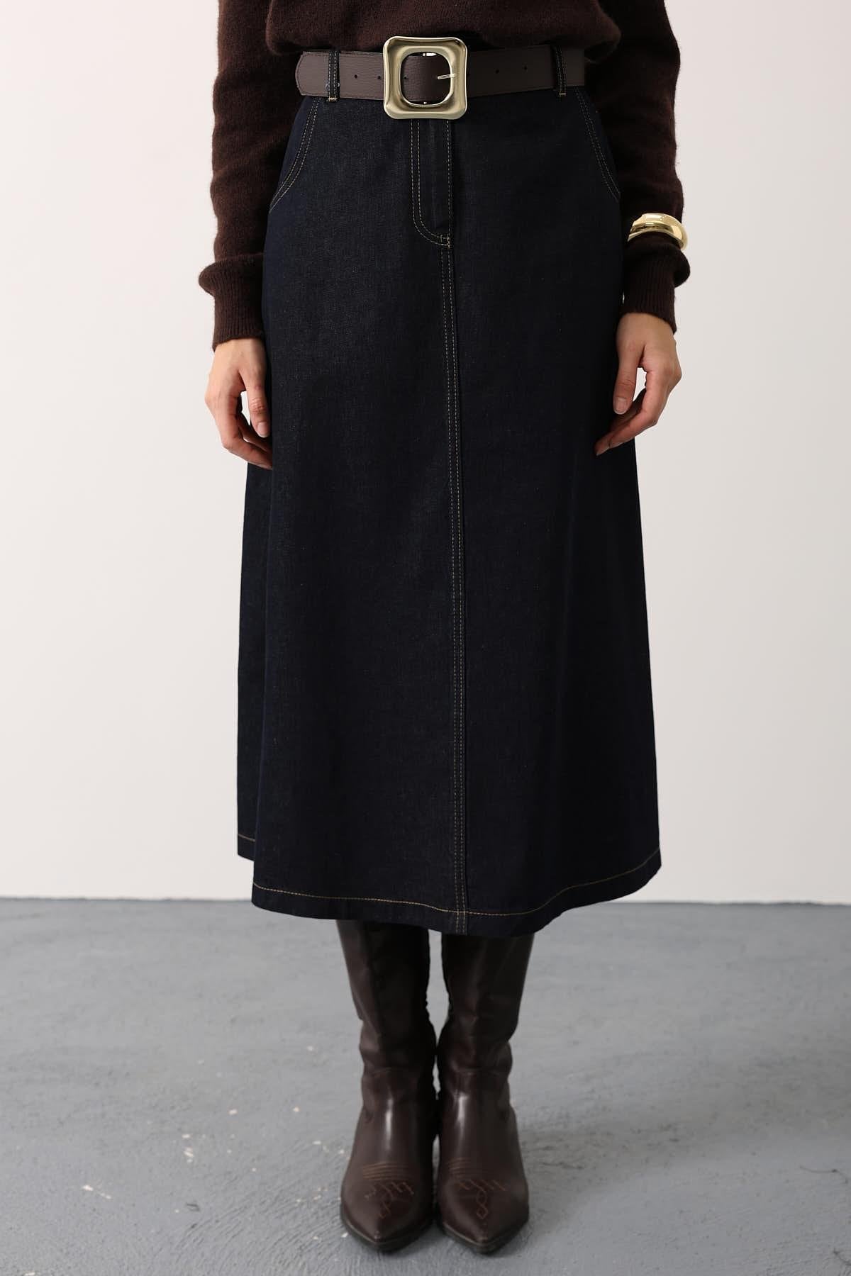 GOLD KEMERLİ DENİM UZUN ETEK - Lacivert