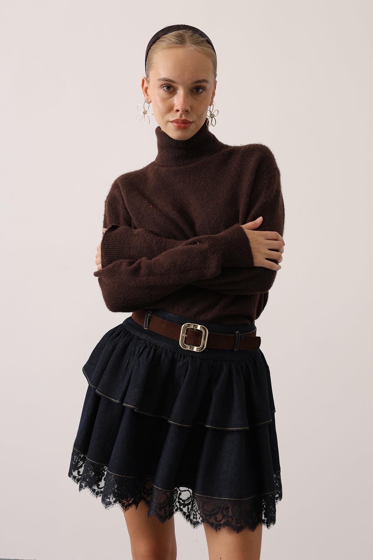 KEMERLİ DANTEL DETAYLI DENİM ETEK - Lacivert