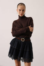 KEMERLİ DANTEL DETAYLI DENİM ETEK - Lacivert