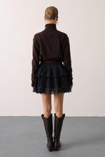 KEMERLİ DANTEL DETAYLI DENİM ETEK - Lacivert