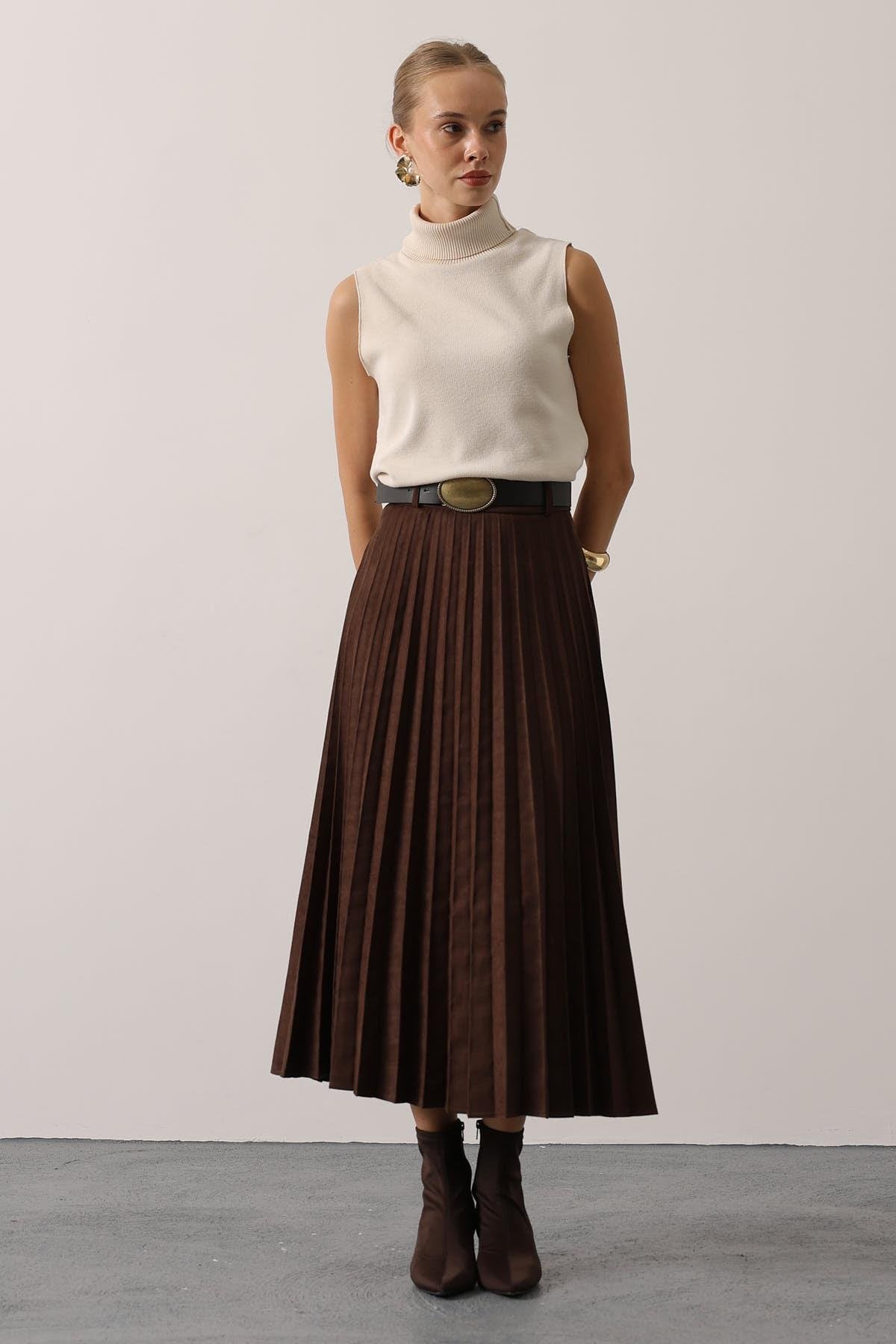 PİLİSELİ KEMER DETAYLI SÜET ETEK - Kahve