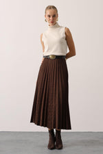 PİLİSELİ KEMER DETAYLI SÜET ETEK - Kahve