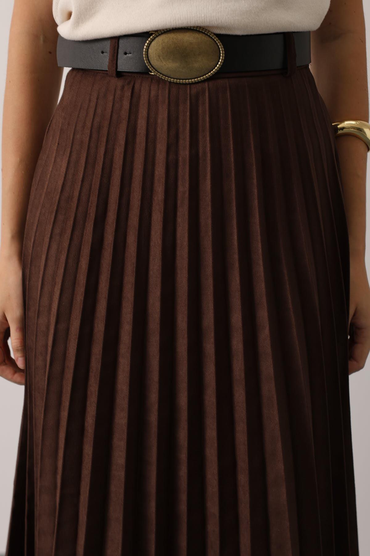 PİLİSELİ KEMER DETAYLI SÜET ETEK - Kahve