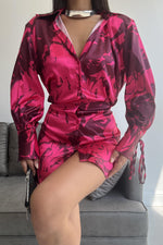 * Vatkalı manşet detaylı gömlek elbise - Fuşya