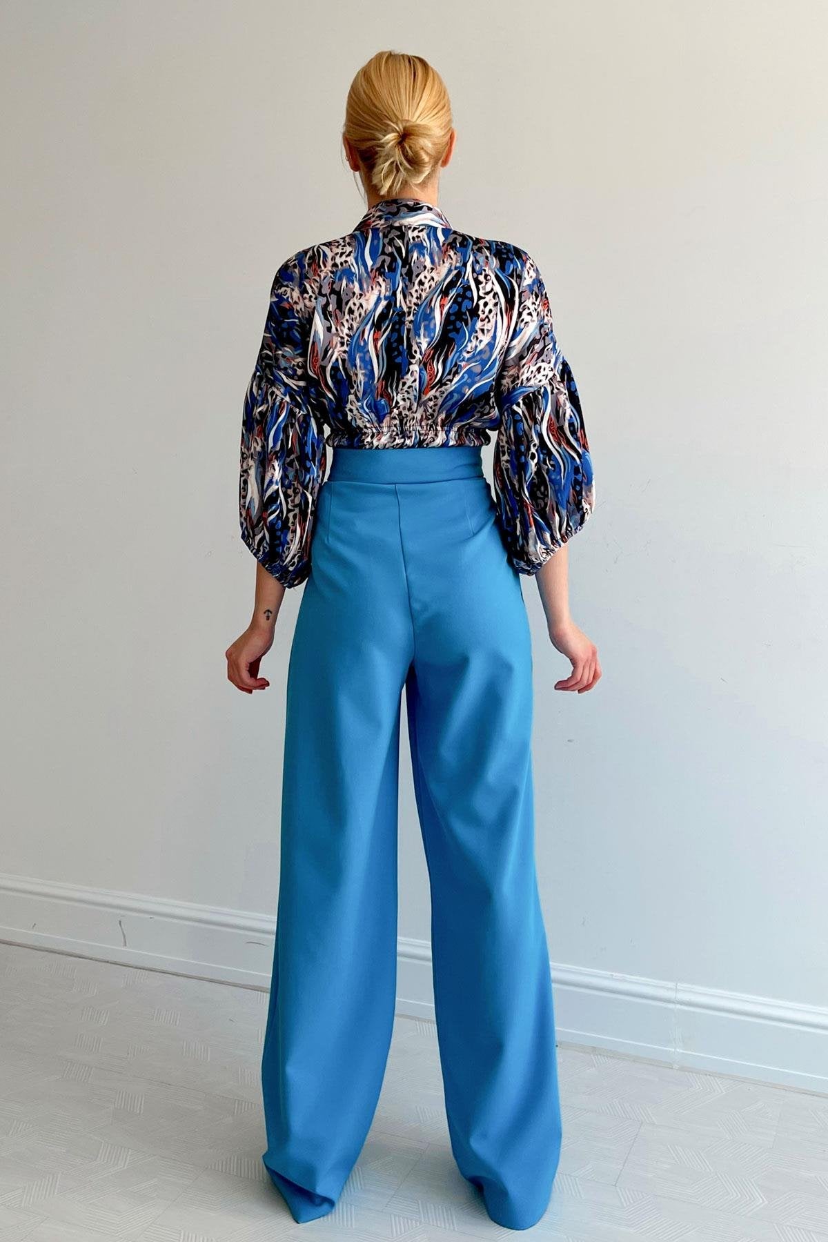 * Beli lastikli saten gömlek - Mavi