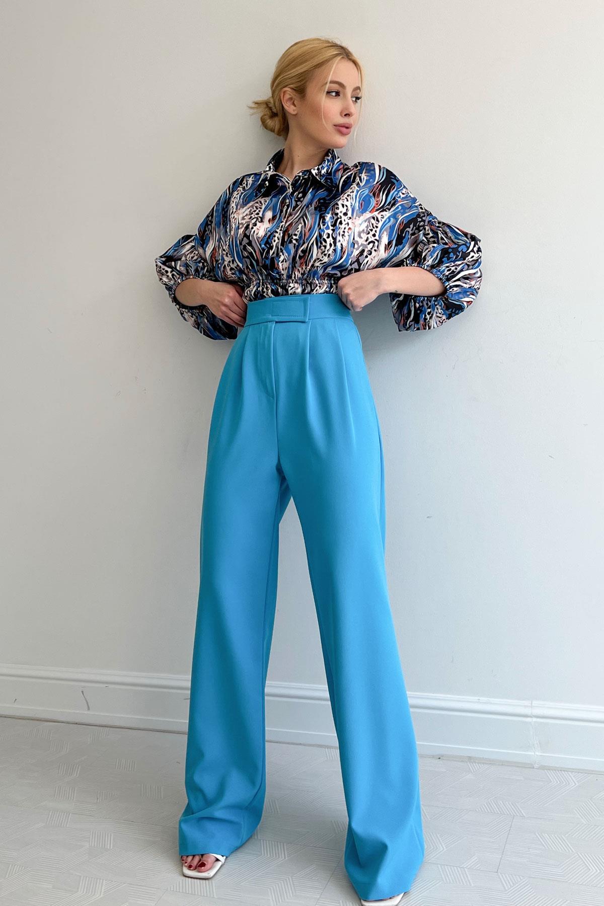 * Beli lastikli saten gömlek - Mavi