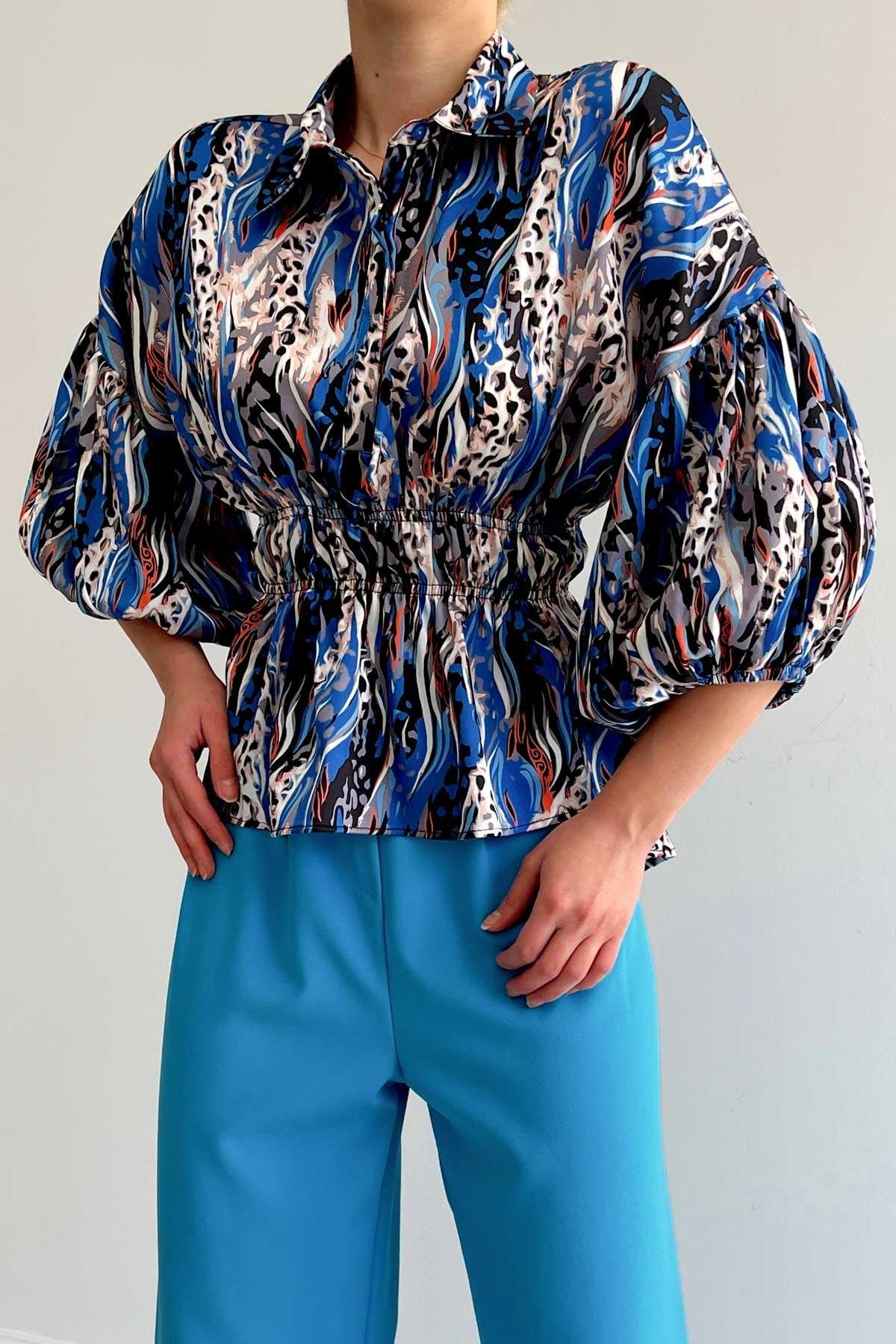 * Beli lastikli saten gömlek - Mavi