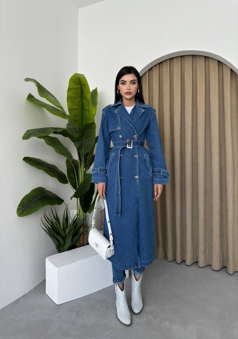 Lange Jeansjacke „India“ mit Gürtel 