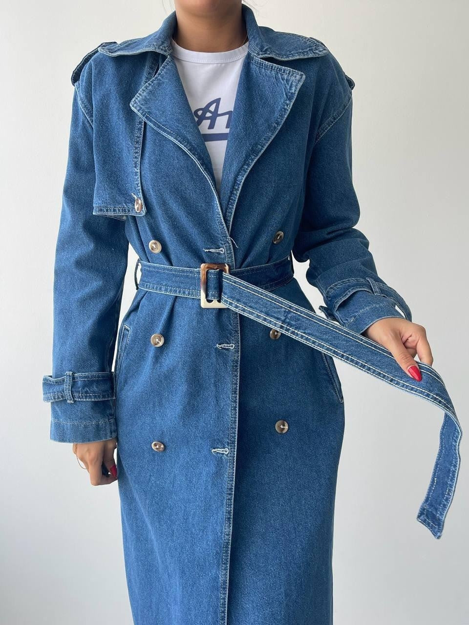 Lange Jeansjacke „India“ mit Gürtel 
