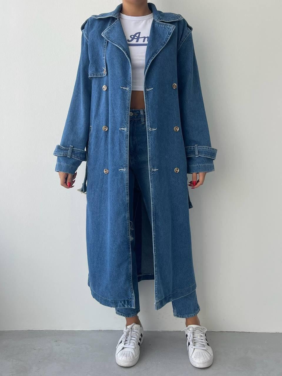 Lange Jeansjacke „India“ mit Gürtel 