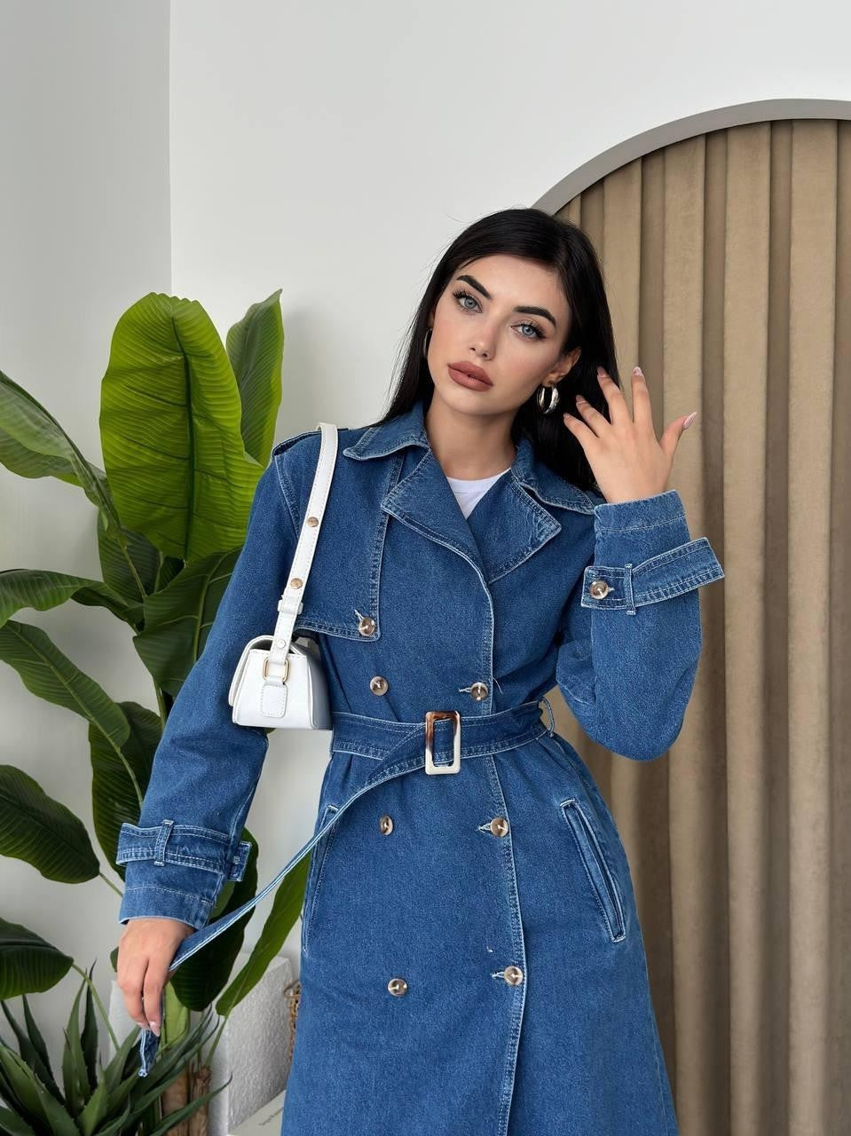 Lange Jeansjacke „India“ mit Gürtel 