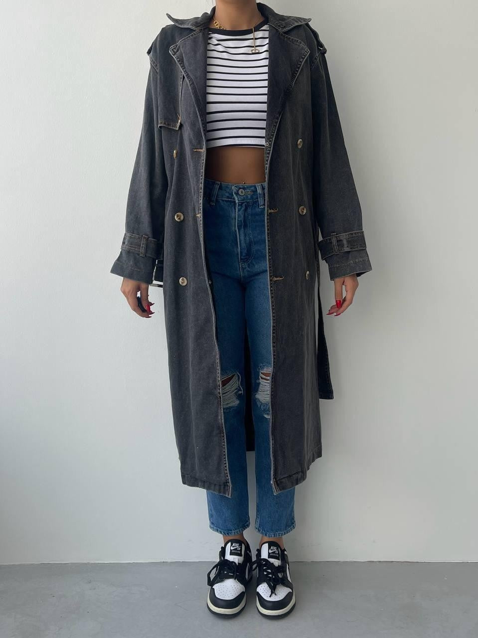 Lange Jeansjacke „India“ mit Gürtel 