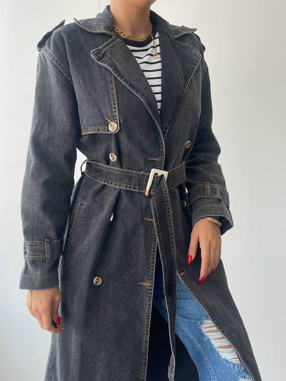 Lange Jeansjacke „India“ mit Gürtel 