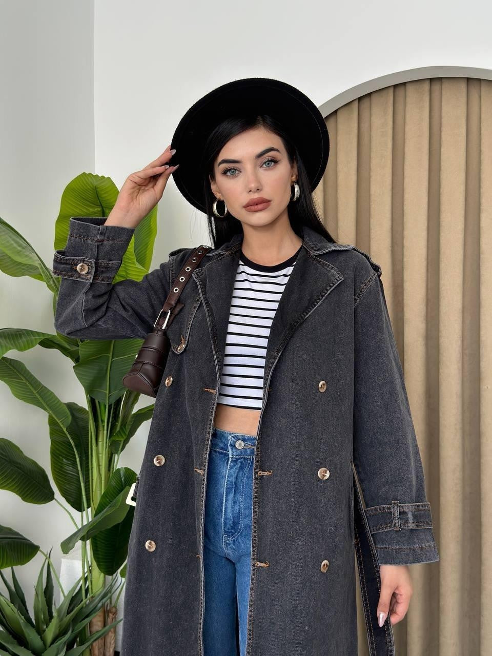 Lange Jeansjacke „India“ mit Gürtel 