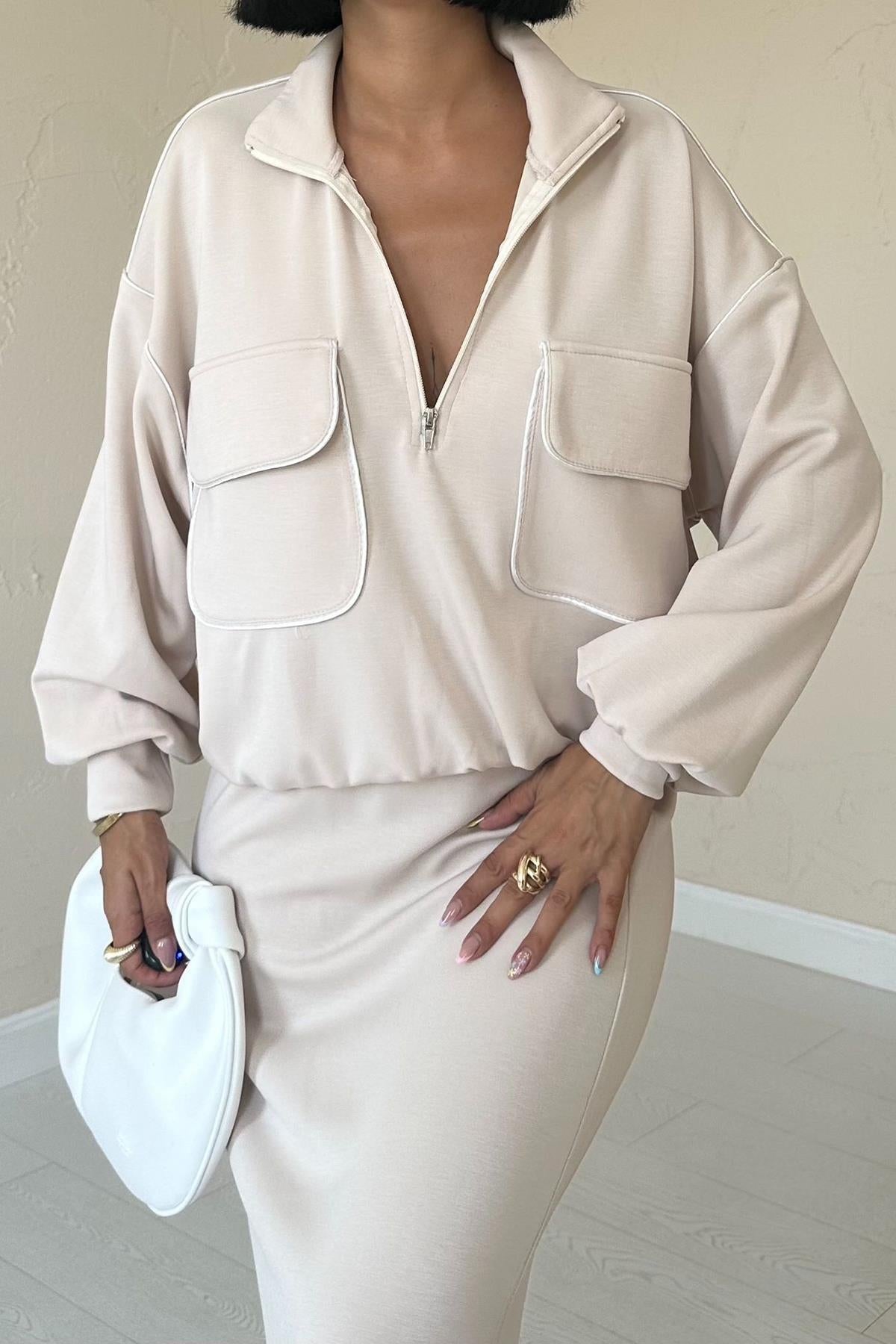 Toptan Bej Biyeli Sweatshirt Ve Etek Takım