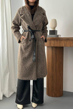 Toptan Bej Deri Kuşak Garnili Kaban