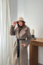 Toptan Bej Deri Kuşak Garnili Kaban