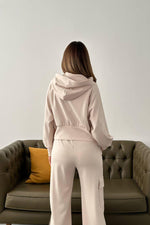 Toptan Bej Kapüşonlu Sweatshirt Ve Kargo Pantolon Takım