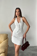 Toptan Beyaz Çizgili Yelek Ve Etek Takım