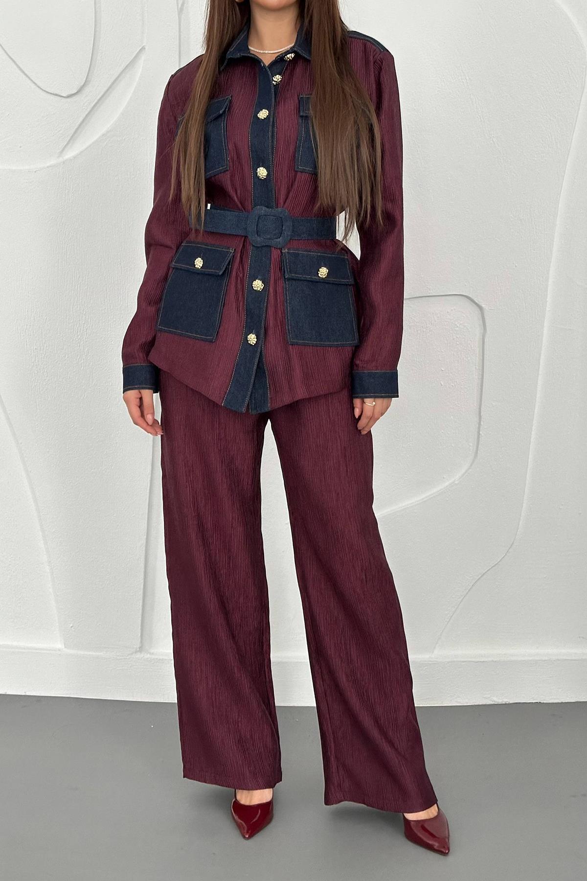 Toptan Bordo Garnili Cepli Gömlek Ve Pantolon Takım