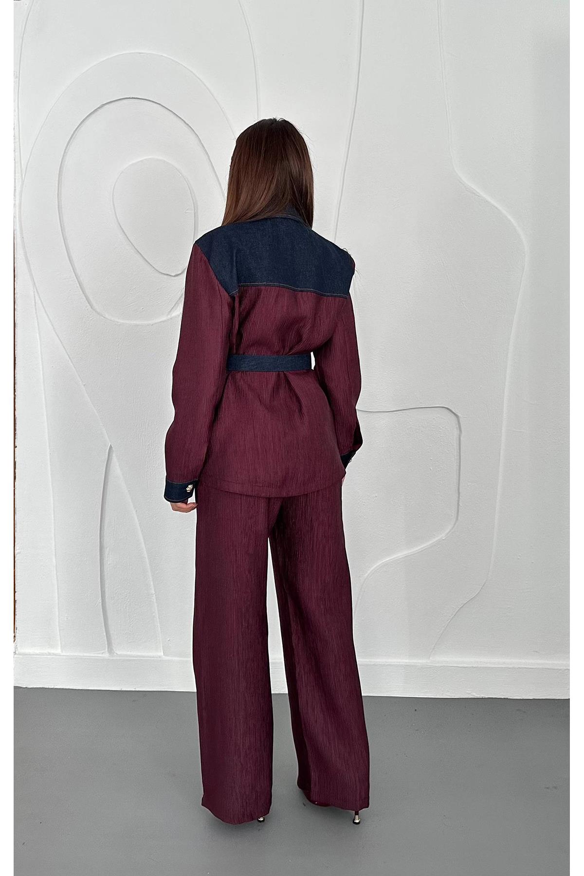 Toptan Bordo Garnili Cepli Gömlek Ve Pantolon Takım