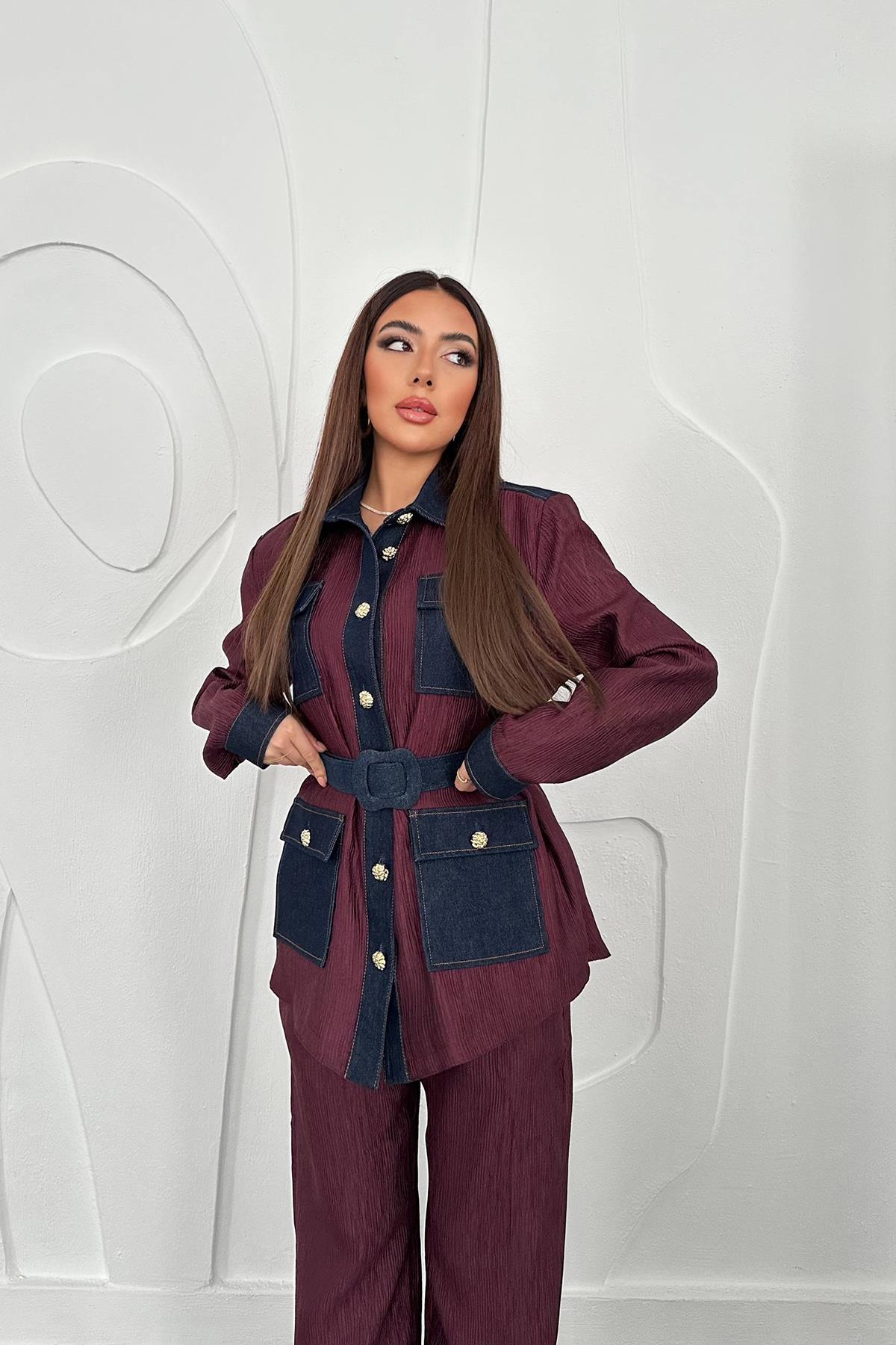 Toptan Bordo Garnili Cepli Gömlek Ve Pantolon Takım