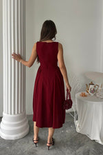 Toptan Bordo Yanları Büzgülü Midi Boy Keten Elbise