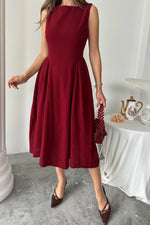 Toptan Bordo Yanları Büzgülü Midi Boy Keten Elbise