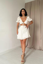 Toptan Ekru Brode Crop Ve Mini Etek Takım