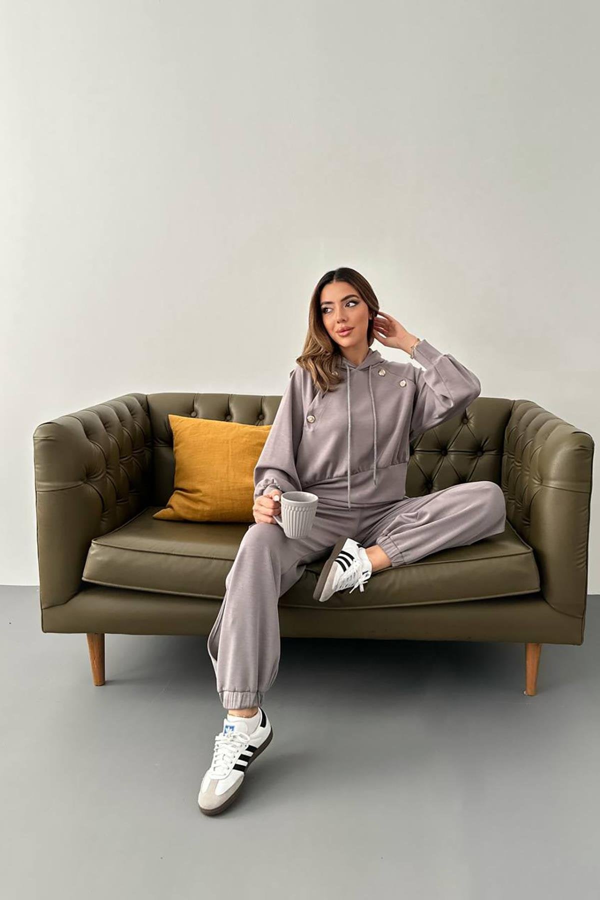 Toptan Füme Kapüşonlu Sweatshirt Ve Kargo Pantolon Takım