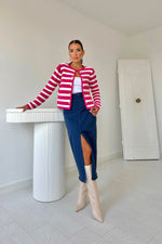 Toptan Fuşya Çizgili Ve Düğmeli Triko Kazak