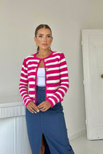 Toptan Fuşya Çizgili Ve Düğmeli Triko Kazak