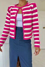 Toptan Fuşya Çizgili Ve Düğmeli Triko Kazak