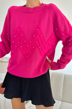 Toptan Fuşya Zikzak Boncuklu Triko Kazak