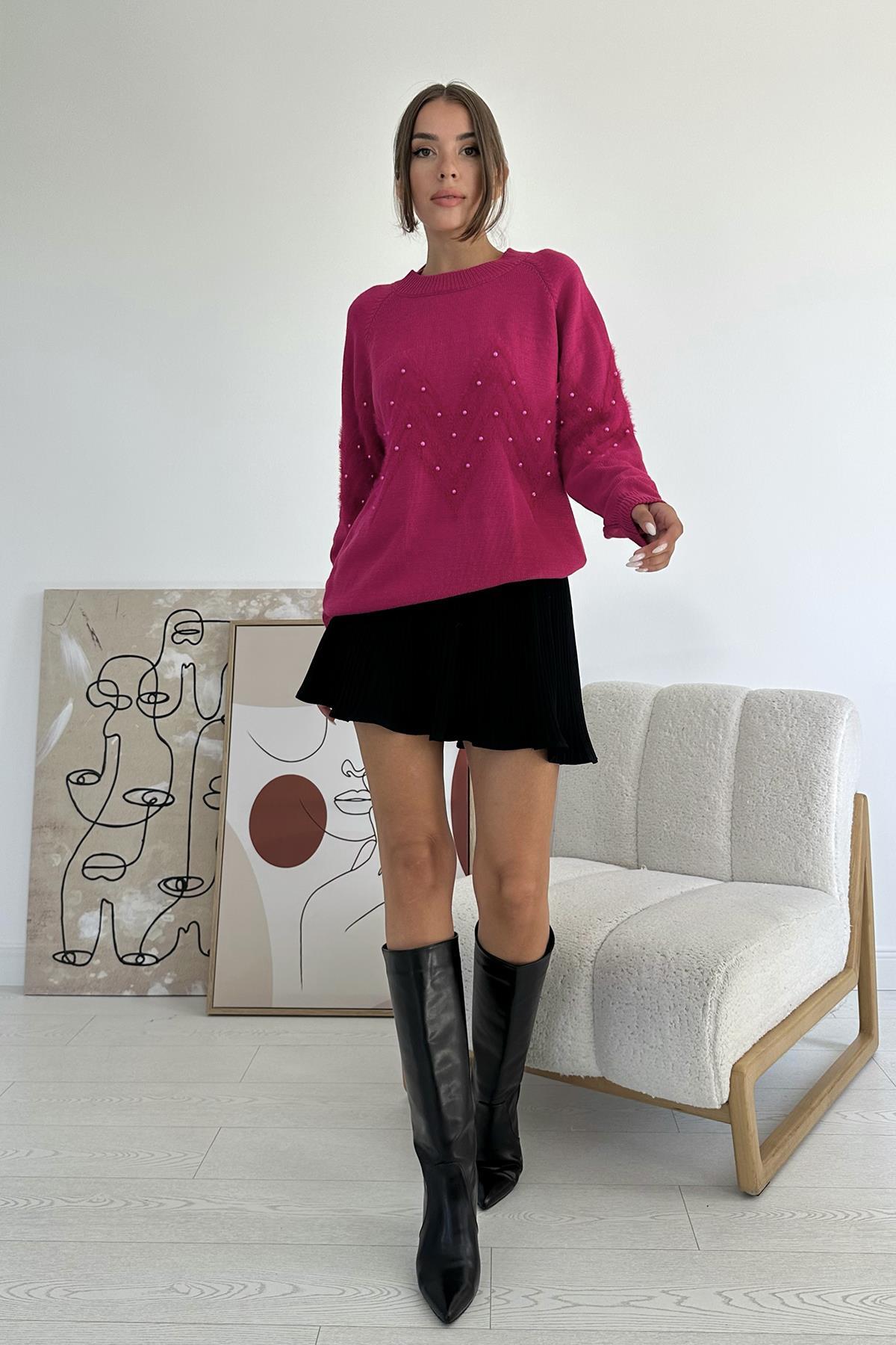 Toptan Fuşya Zikzak Boncuklu Triko Kazak