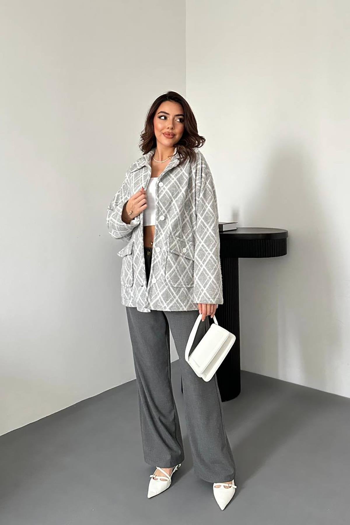 Toptan Gri Polar Baklava Ekose Ceket