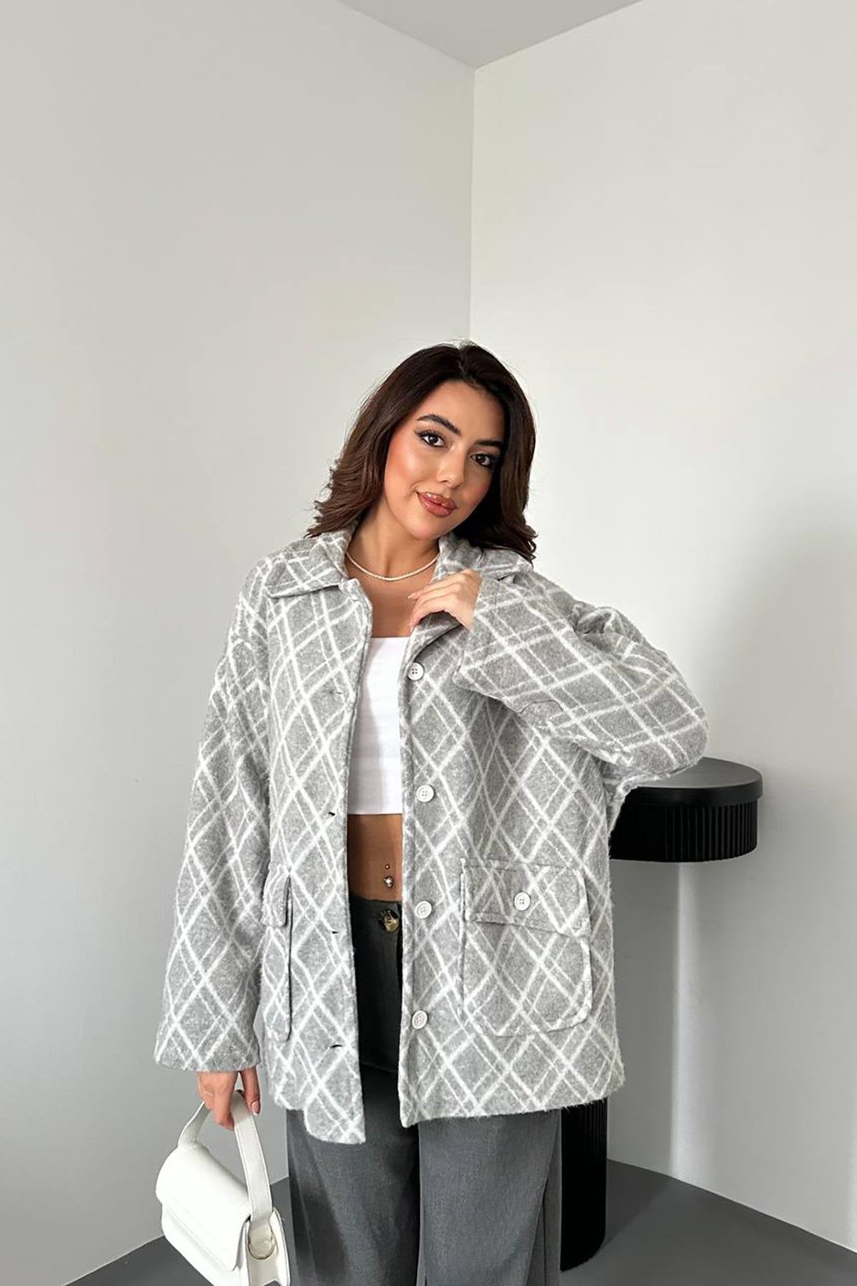 Toptan Gri Polar Baklava Ekose Ceket