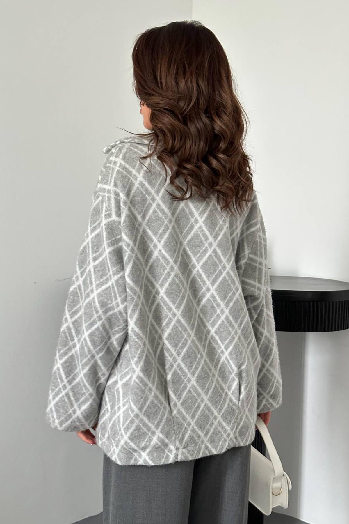 Toptan Gri Polar Baklava Ekose Ceket